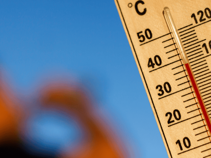 A thermometer showing 100°F and someone blurred in the background drinking water
